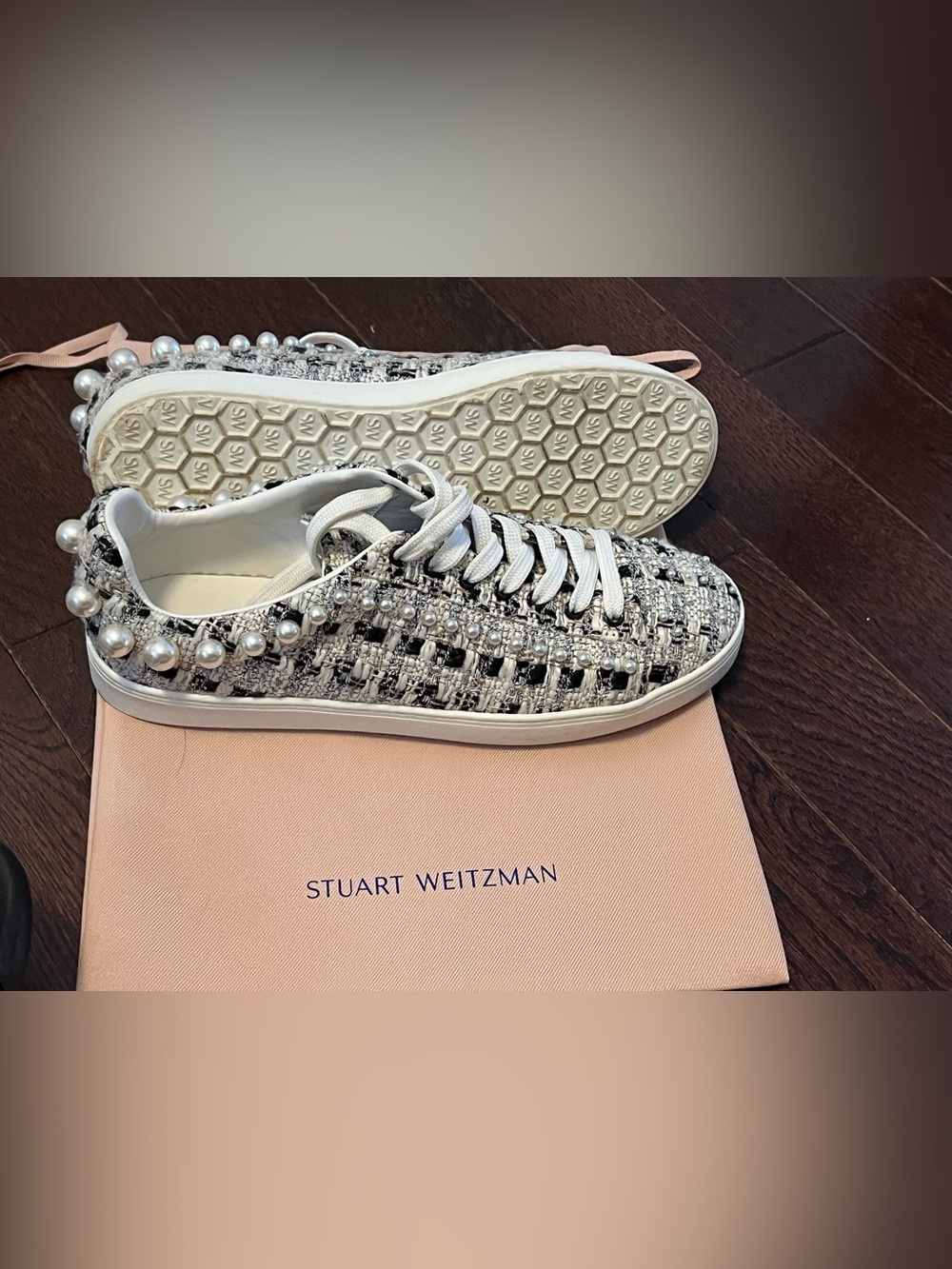 Stuart Weitzman Black & White Tweed Pearl-Trim Sneakers